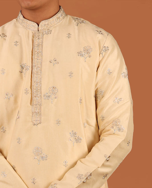 Light Sandal Floral Motifs Thread Embroidered Full-Sleeved Men's Kurta and Comes with Contrast Pants