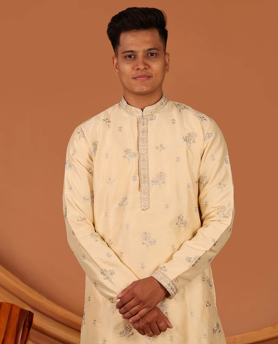 Light Sandal Floral Motifs Thread Embroidered Full-Sleeved Men's Kurta and Comes with Contrast Pants