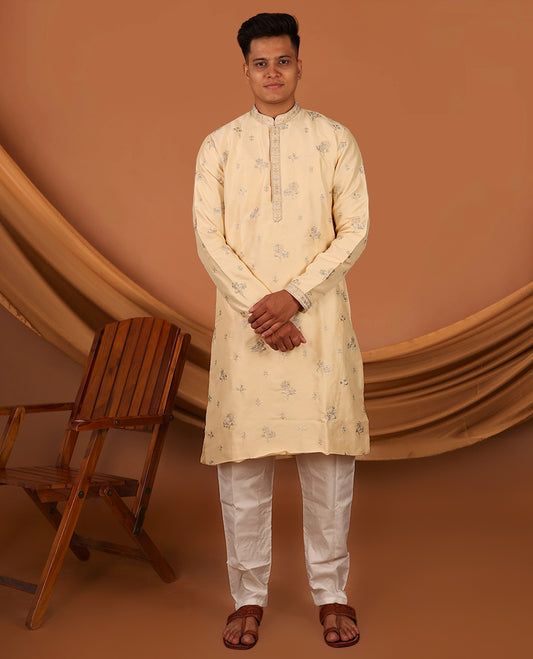 Light Sandal Floral Motifs Thread Embroidered Full-Sleeved Men's Kurta and Comes with Contrast Pants