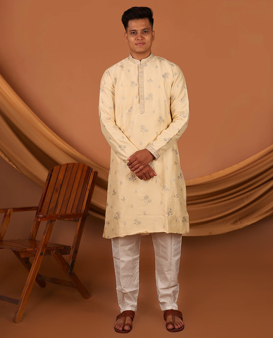 Light Sandal Floral Motifs Thread Embroidered Full-Sleeved Men's Kurta and Comes with Contrast Pants