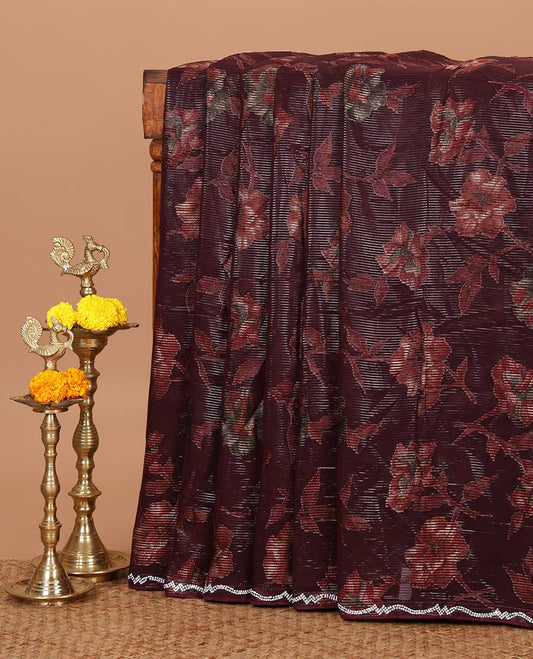 Wine brasso-style floral design luxury georgette saree, Swarovski stonework border & blouse of buttas & Swarovski stonework