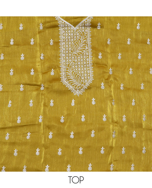 Green material chudidar set, thread embroidered top, plain bottom, and thread embroidered scallop dupatta