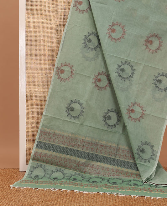 Green unique motifs Coimbatore cotton saree, self-pallu of intricate designs