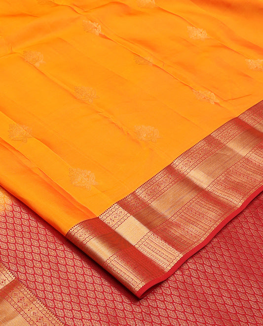 Orange zari buttas Vasundhara silk mix, contrast traditional zari design border, and intricate pallu