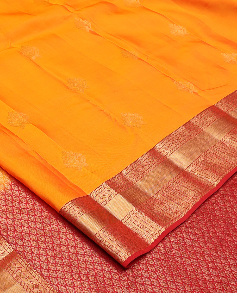 Orange zari buttas Vasundhara silk mix, contrast traditional zari design border, and intricate pallu