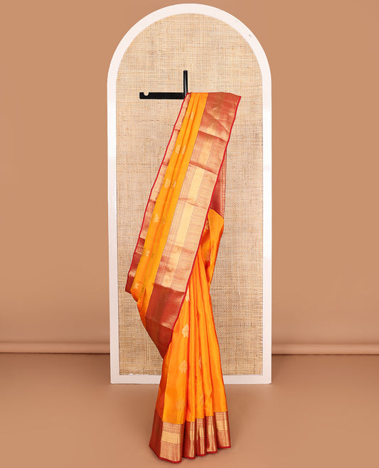 Orange zari buttas Vasundhara silk mix, contrast traditional zari design border, and intricate pallu
