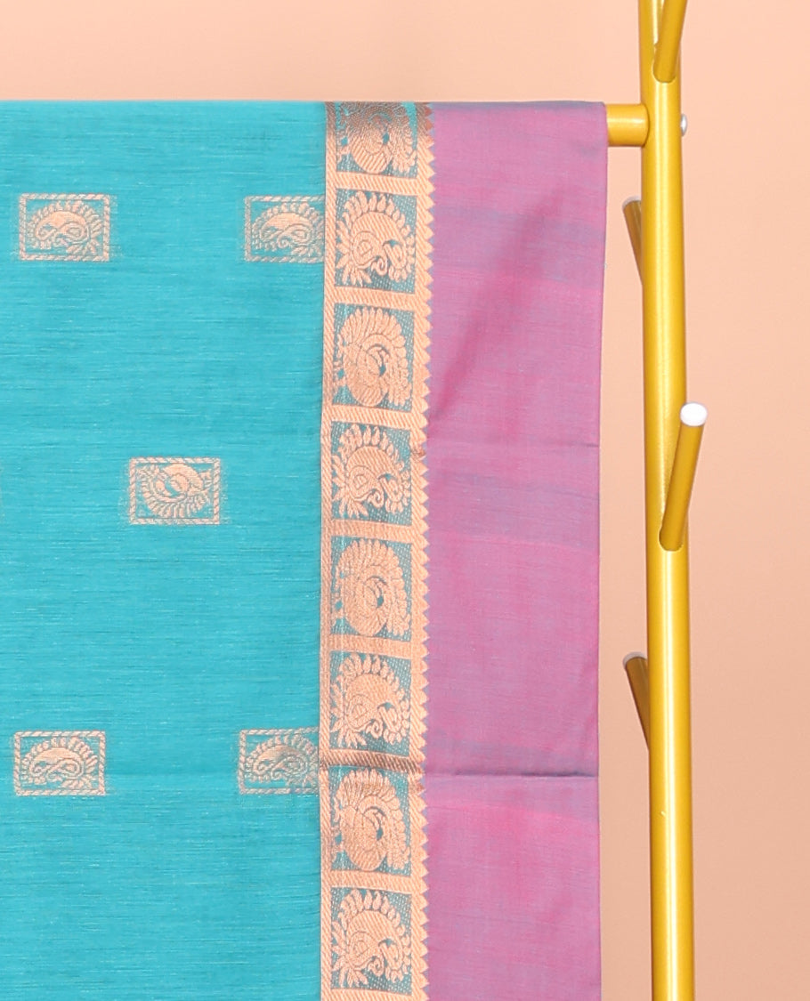 Blue Semi-Silk Cotton Saree, Accentuated with Zari Buttas All Over Its Body, Complemented by a Contrast Border of Peacock and Paisleys, Pallu of Elephant Designs, and Paired with a Matching Blouse