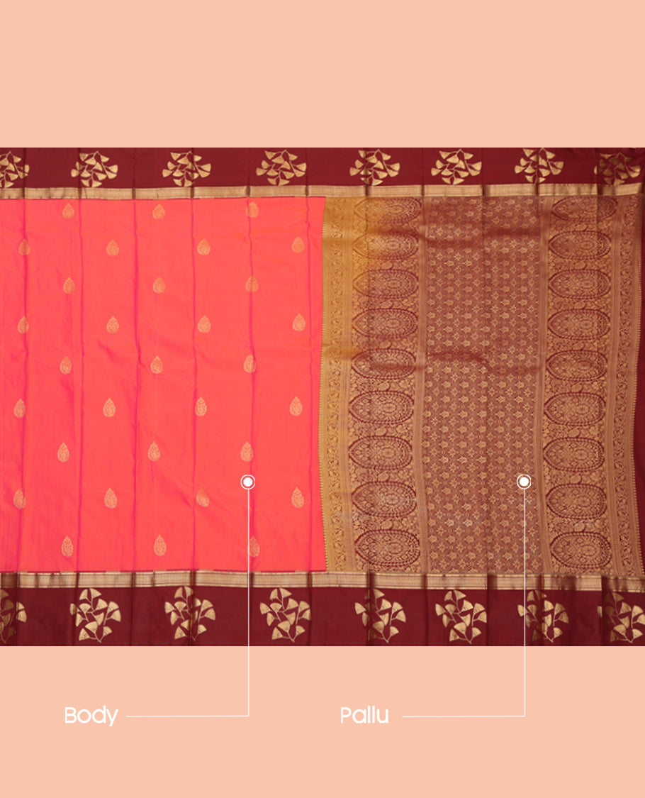 Pink Budget Silk Saree, Graced with Zari Buttas, Complemented by a Contrast Traditional Zari Border, Grand Pallu, and a Contrast Blouse