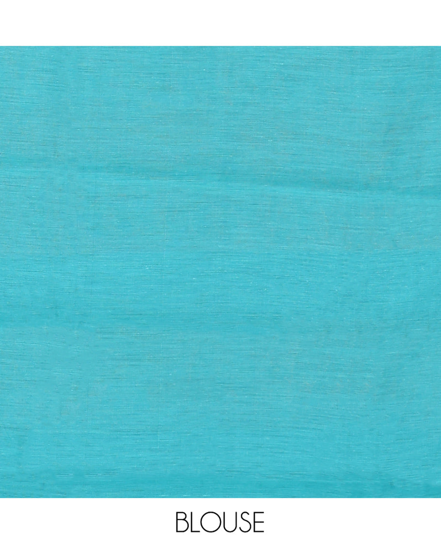 Blue Semi-Silk Cotton Saree, Accentuated with Zari Buttas All Over Its Body, Complemented by a Contrast Border of Peacock and Paisleys, Pallu of Elephant Designs, and Paired with a Matching Blouse