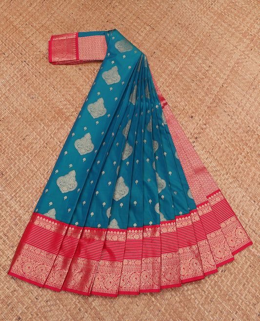 Blue Budget Silk Saree, Decked Up with Zari Buttas, Complemented by a Contrast Traditional Zari Border, Jaal Pallu, and a Contrast Blouse