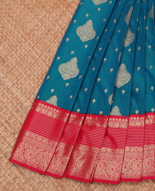 Blue Budget Silk Saree, Decked Up with Zari Buttas, Complemented by a Contrast Traditional Zari Border, Jaal Pallu, and a Contrast Blouse