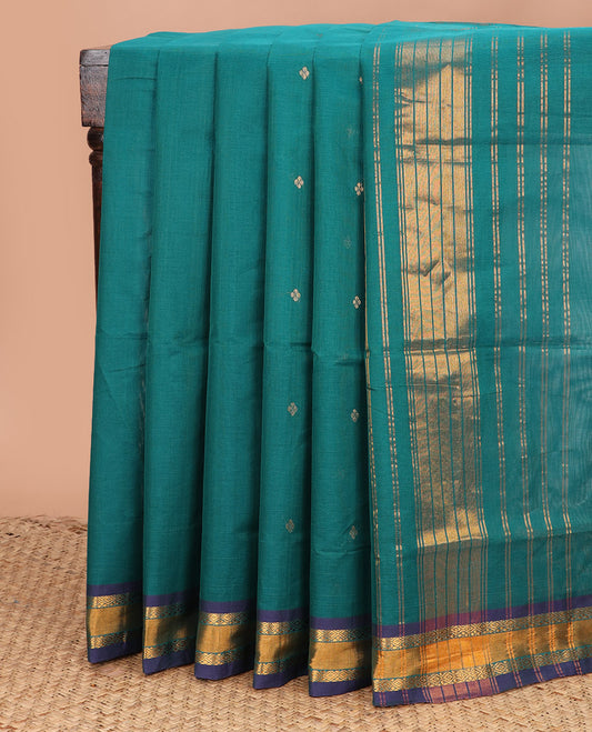 Blue zari buttas Venkatagiri cotton saree, contrast traditional zari border, and striped pallu