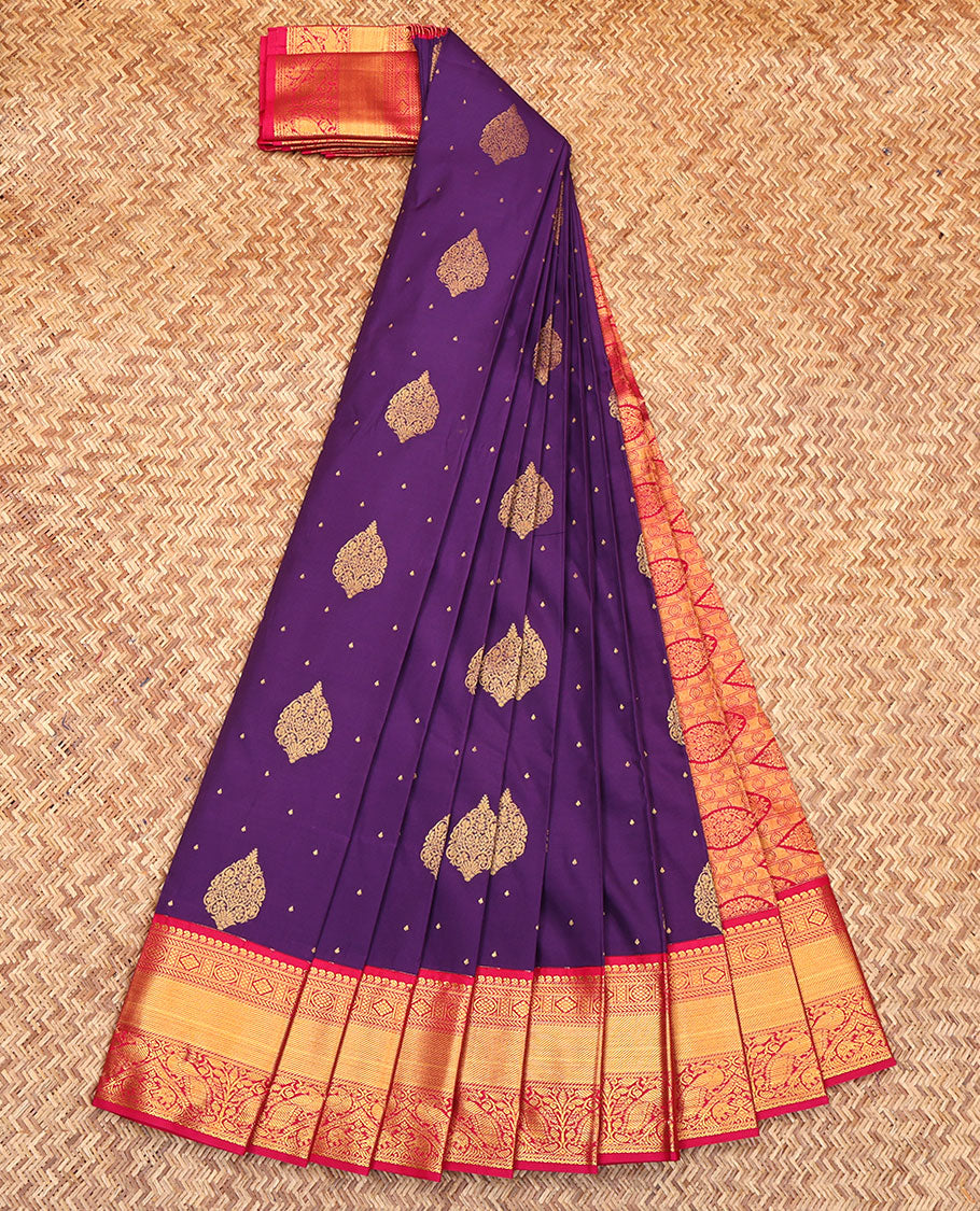 Purple Budget Silk Saree, Adorned with Zari Buttas on Its Body, Complemented by a Contrast Traditional Zari Design Border, Grandly Decked Up Pallu, and Paired with a Contrast Blouse