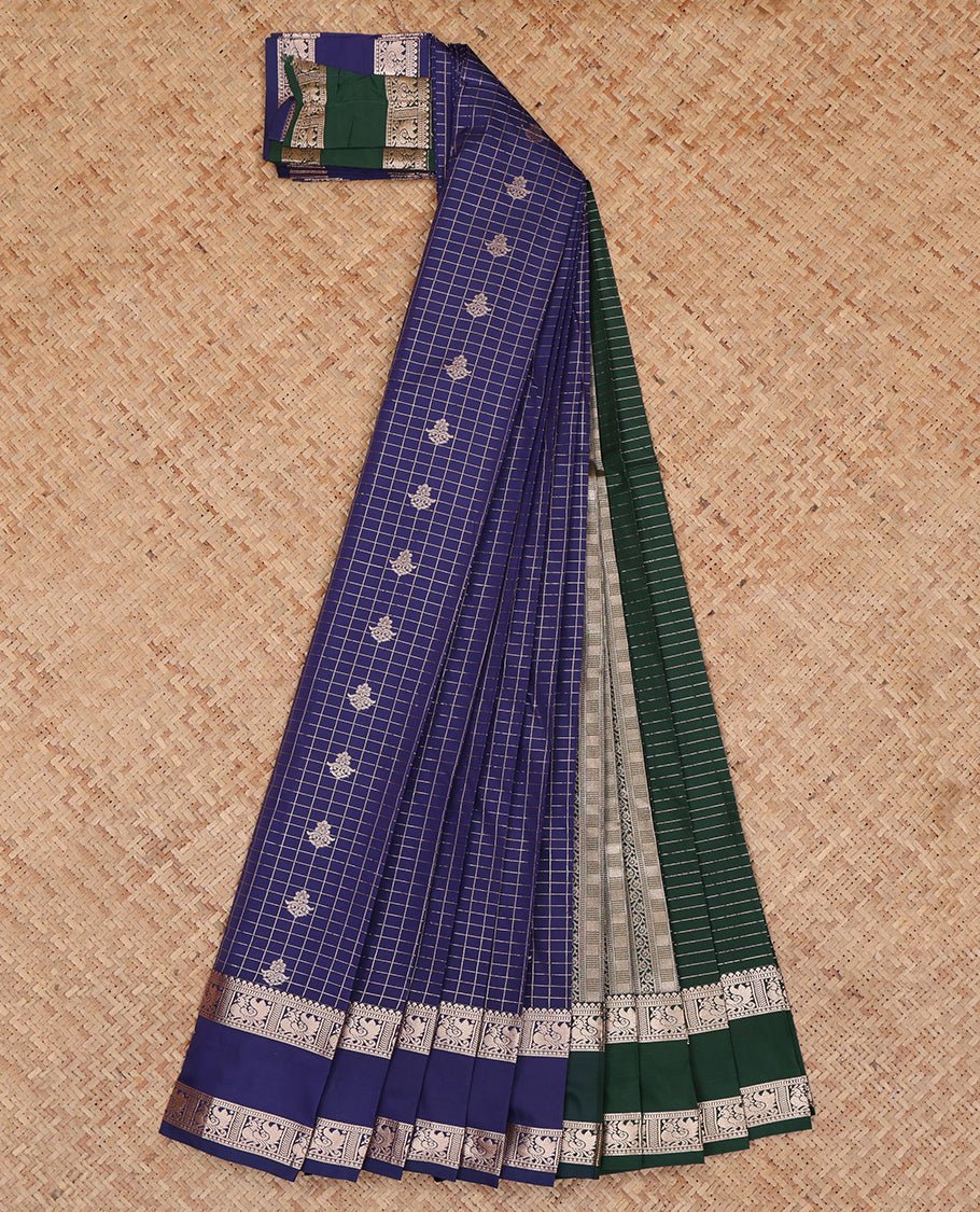 Navy Budget Silk Saree, Embellished with Zari Buttas and Checks, Highlighted by Traditional Zari Rettai Pettu Border, Contrast Grand Pallu, and a Contrast Blouse