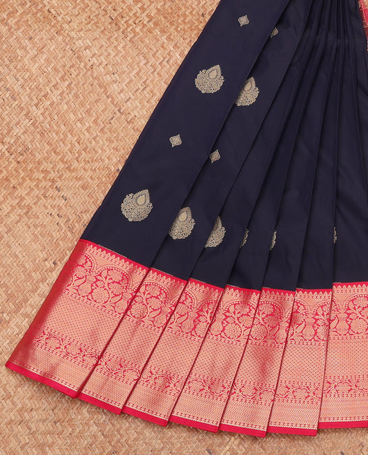 Navy Blue Budget Silk Saree, Delicately Woven with Zari Buttas, Complemented by a Contrast Traditional Zari Border, Grand Pallu, and a Contrast Blouse