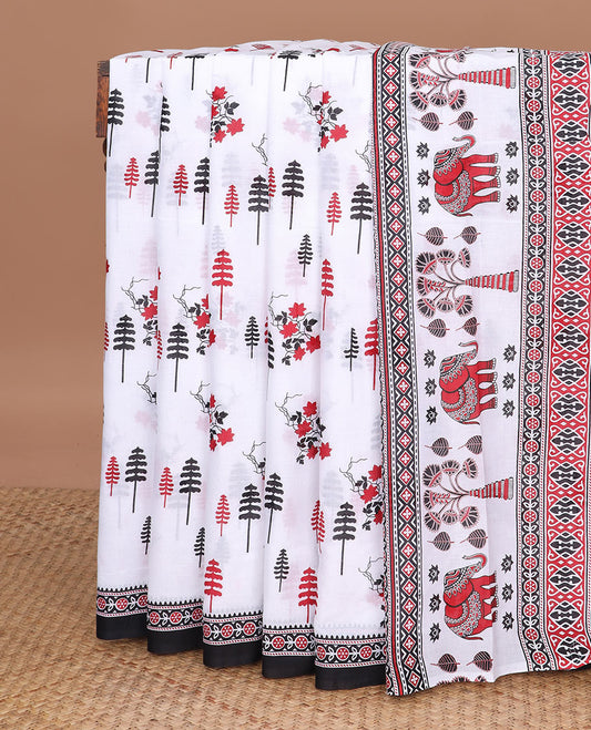 White floral & tree printed mul mul cotton saree, contrast geometric printed border & pallu of geometric patterns, elephant & tree motifs