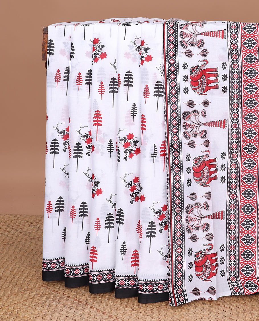 White floral & tree printed mul mul cotton saree, contrast geometric printed border & pallu of geometric patterns, elephant & tree motifs