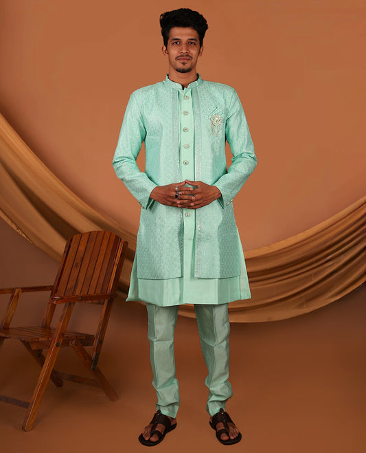 Turquoise Men's Kurta Comes with a Geometric Sequins-Thread Embroidered Full-Sleeved Jacket and Matching Pants