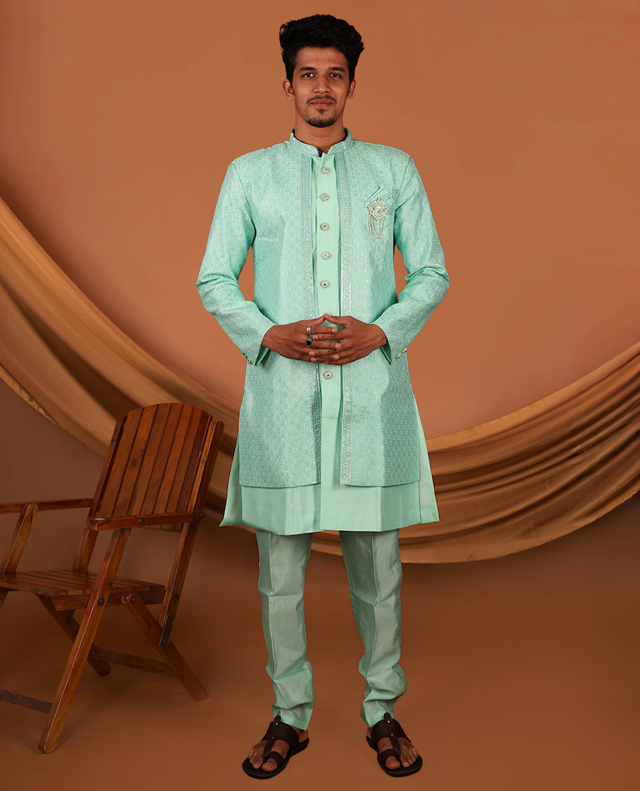 Turquoise Men's Kurta Comes with a Geometric Sequins-Thread Embroidered Full-Sleeved Jacket and Matching Pants