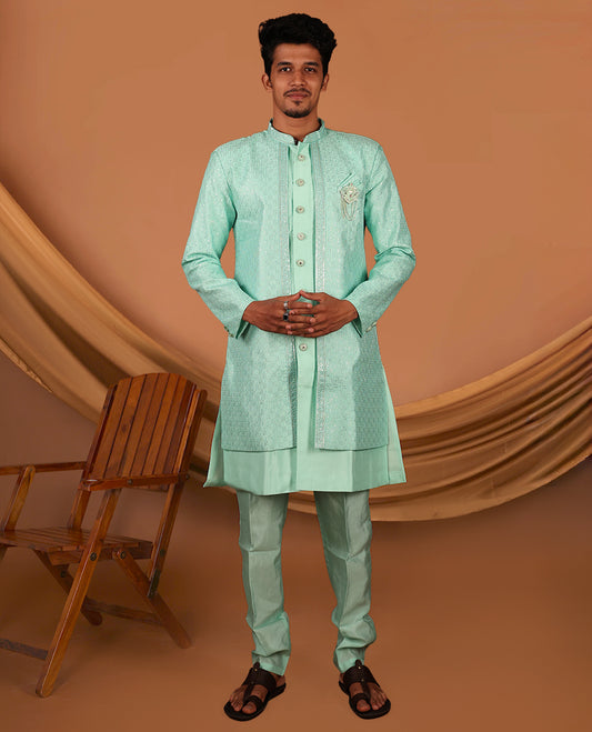 Turquoise Men's Kurta Comes with a Geometric Sequins-Thread Embroidered Full-Sleeved Jacket and Matching Pants
