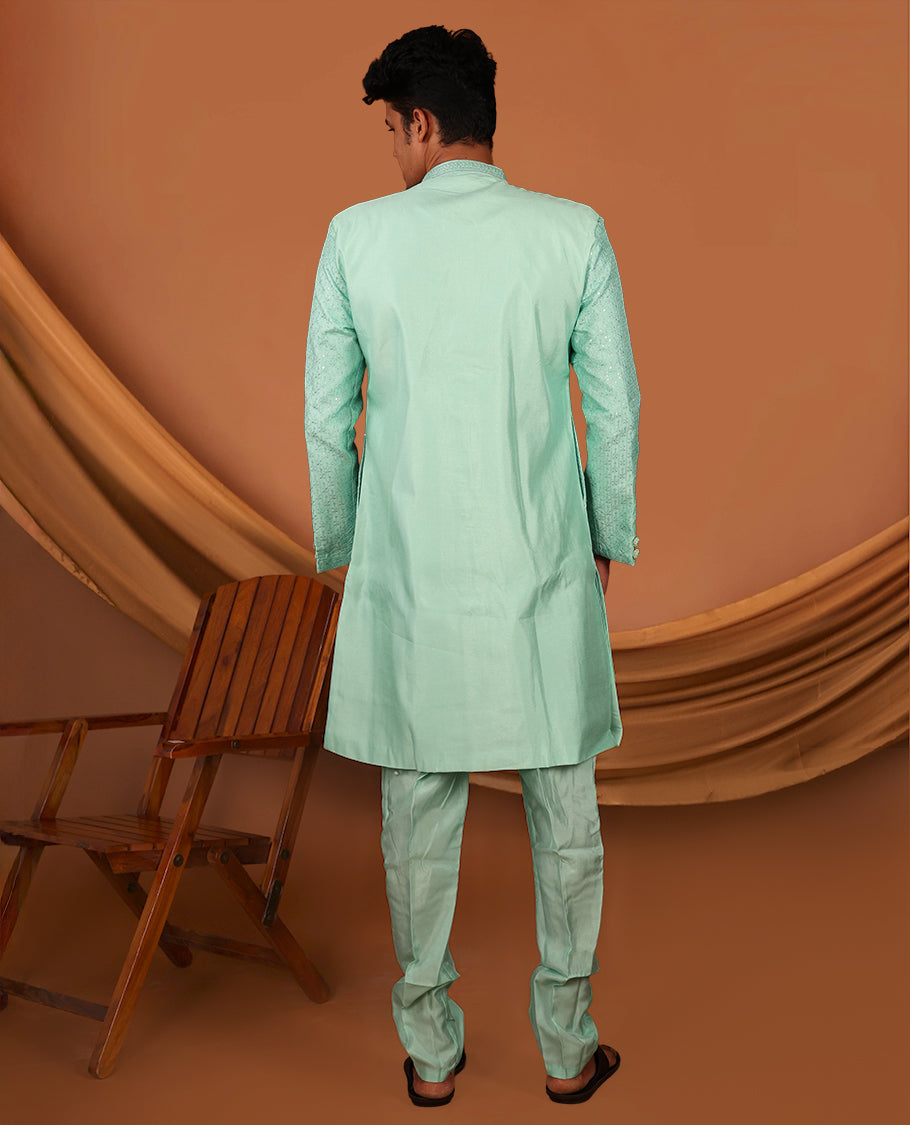 Turquoise Men's Kurta Comes with a Geometric Sequins-Thread Embroidered Full-Sleeved Jacket and Matching Pants