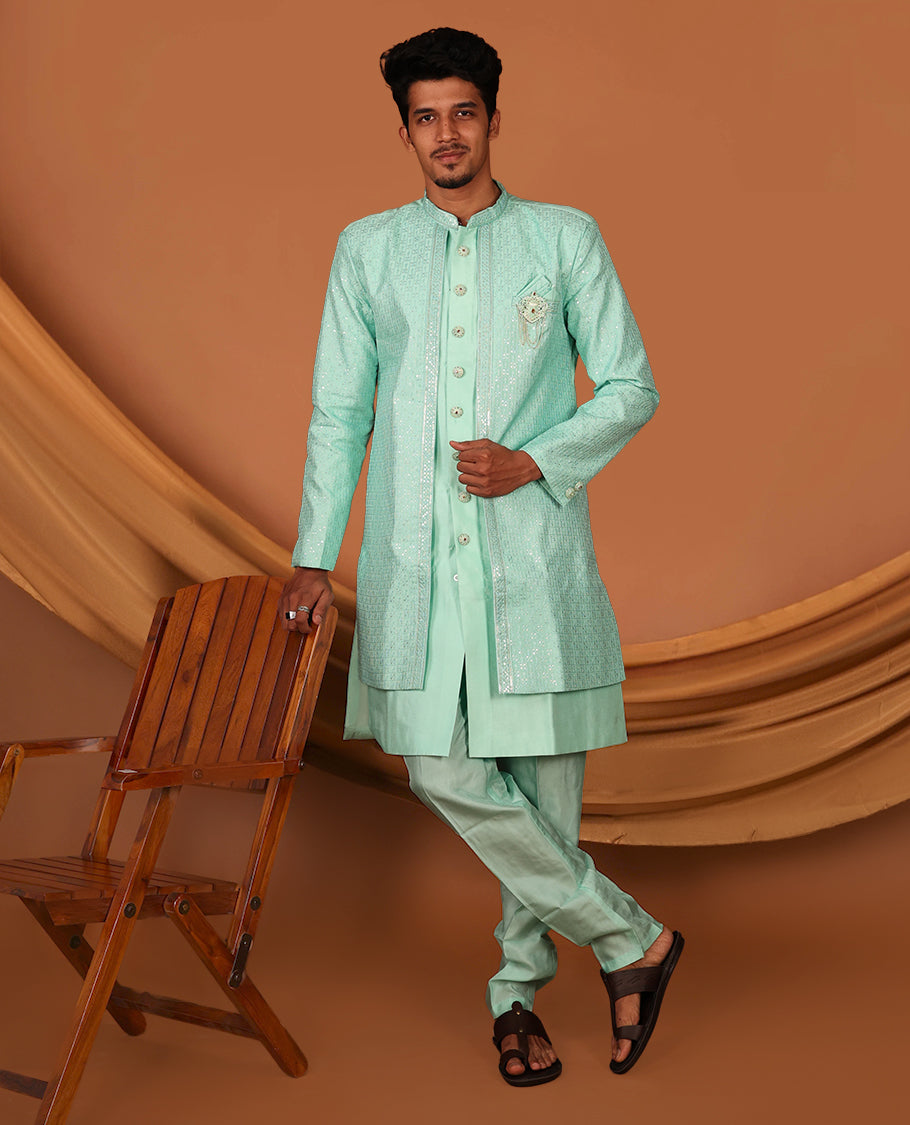 Turquoise Men's Kurta Comes with a Geometric Sequins-Thread Embroidered Full-Sleeved Jacket and Matching Pants