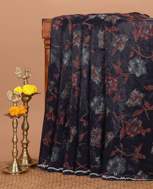 Navy Blue brasso-style floral design luxury georgette saree, Swarovski stonework border & blouse of buttas & Swarovski stonework