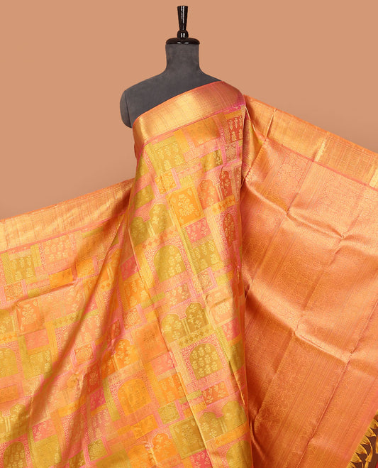 Multi-color meenakari Mughal-style jacquard silk saree, zari border of banaras,rudraksham & vanki design & intricate pallu