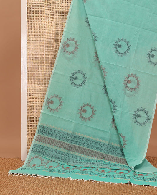 Turquoise unique motifs Coimbatore cotton saree, self-pallu of intricate designs