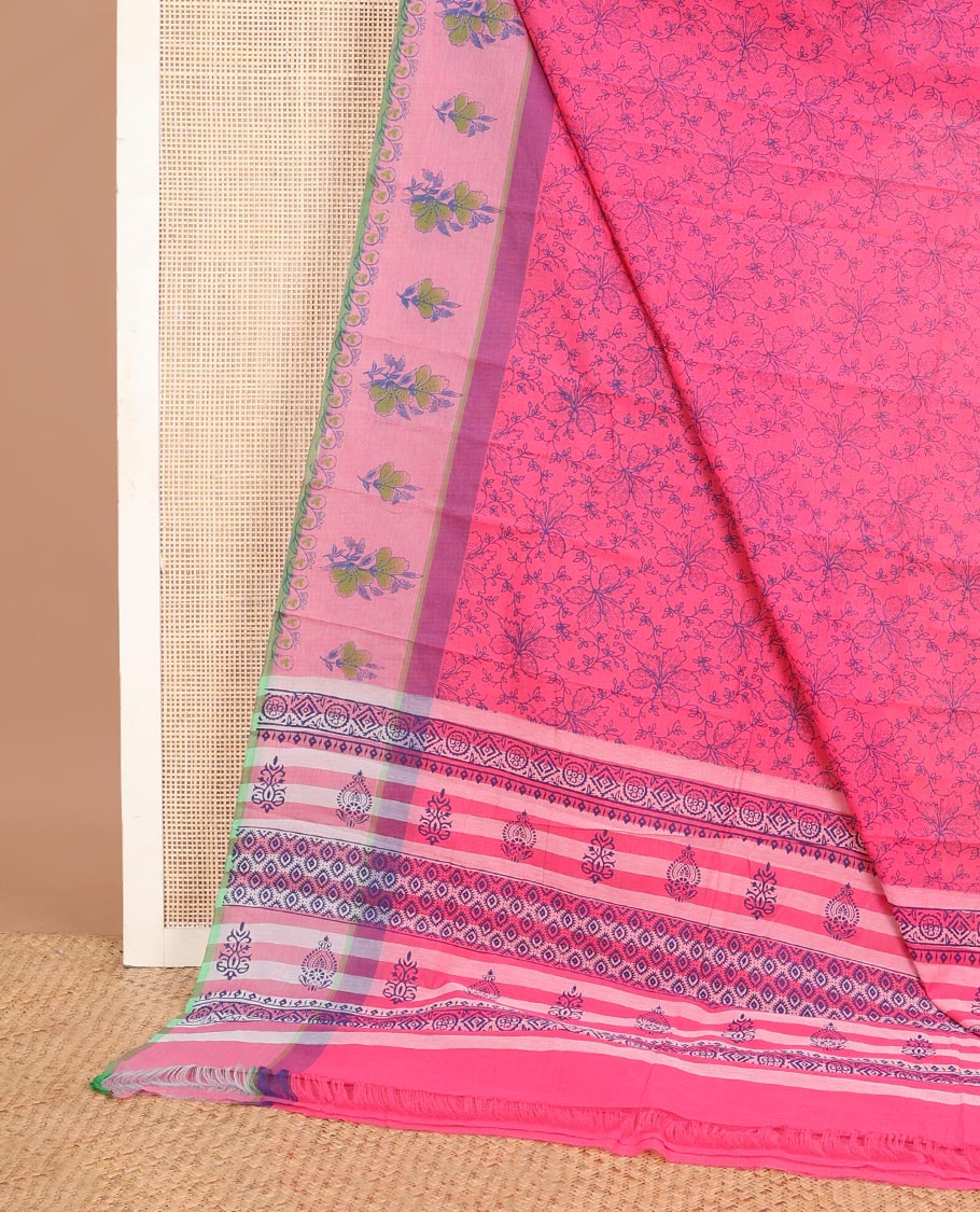 Pink floral printed chirala cotton saree, contrast floral printed border & geometric patterned pallu