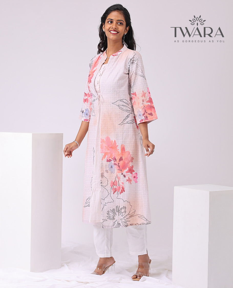 Twara light orange floral enclosed with checked embroidered over coat , 3/4 th sleeve , knee lenght kurti