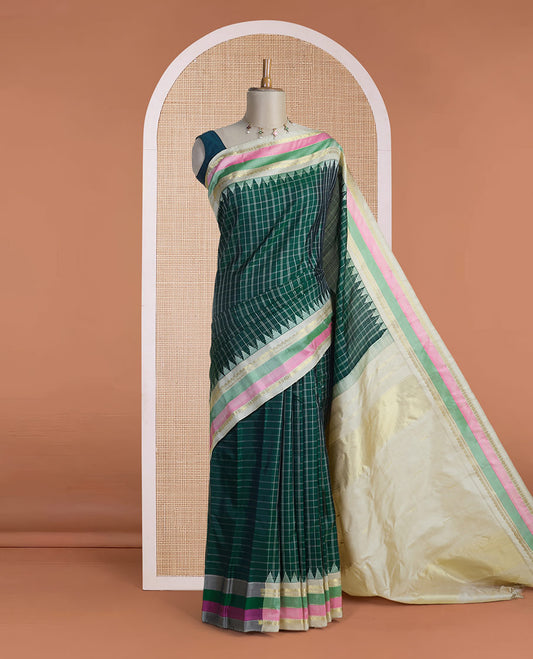 Green checked gadwal silk saree, contrast rettai pettu temple traditional zari multi-colored border & gleaming gold zari pallu