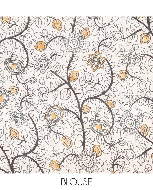 Orange batik machine-printed kalamkari cotton saree, self-border & peacock pallu