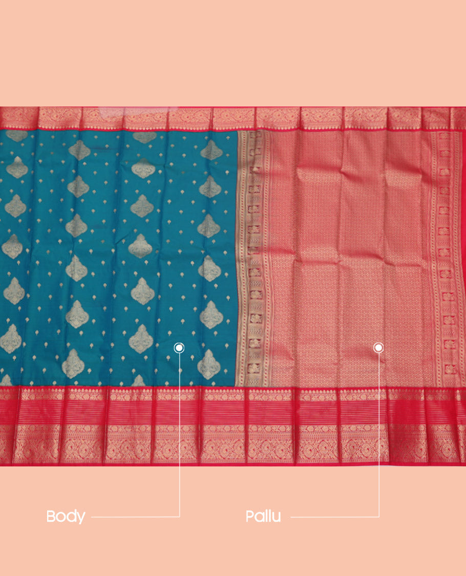 Blue Budget Silk Saree, Decked Up with Zari Buttas, Complemented by a Contrast Traditional Zari Border, Jaal Pallu, and a Contrast Blouse