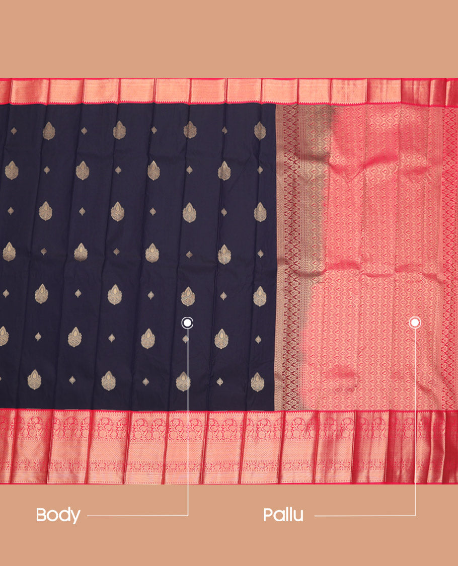 Navy Blue Budget Silk Saree, Delicately Woven with Zari Buttas, Complemented by a Contrast Traditional Zari Border, Grand Pallu, and a Contrast Blouse