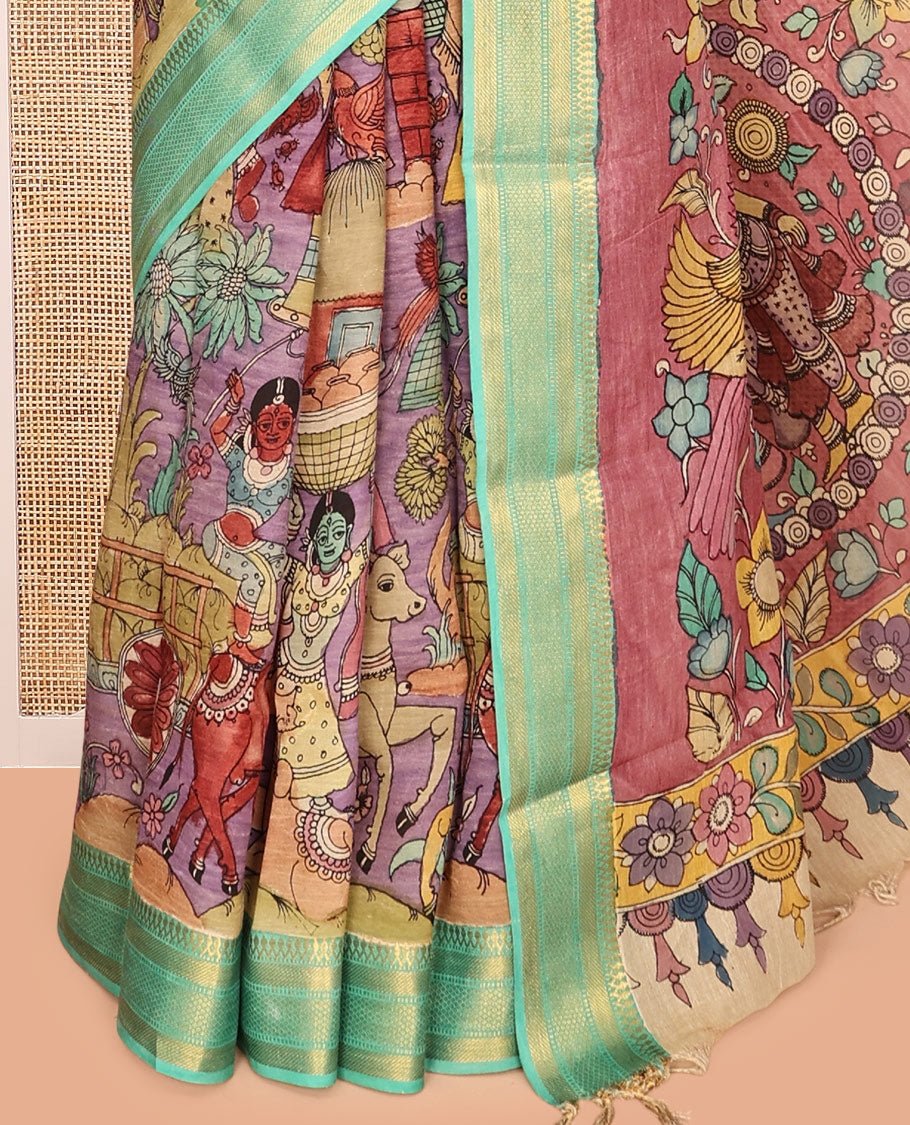 Purple Kalamkari Silk Saree, Finely Crafted with Human Figurines, a Contrast Traditional Zari Border, Pallu of Kalamkari Design, and a Contrast Blouse