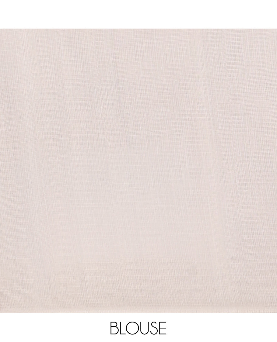 White Kota Doria Saree, Adorned with a Floral-Bird Hand-Brush Painting-Style Print, a Contrast Border, and a Matching Blouse