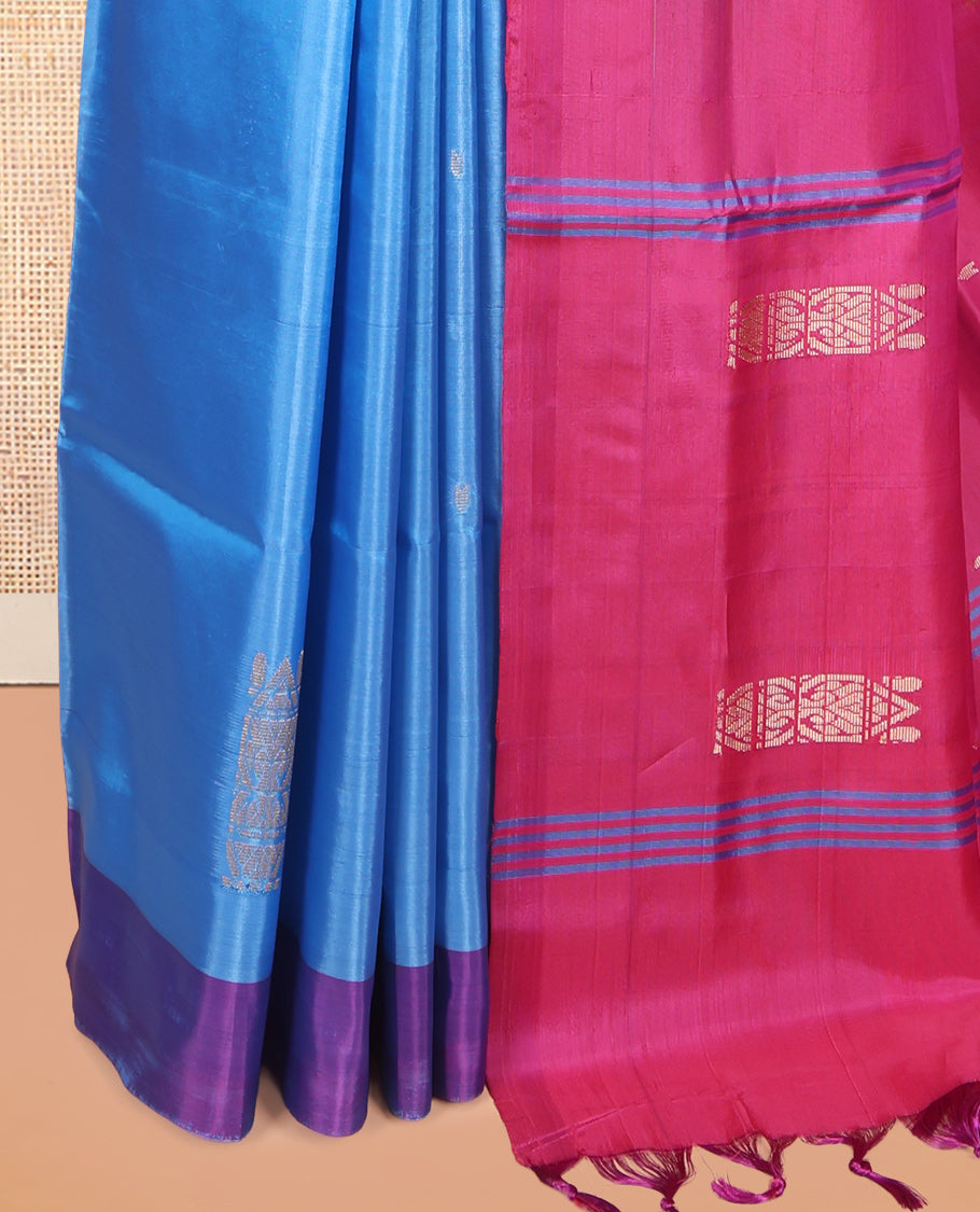 Blue Banana Pith Saree, Woven with Buttas, a Contrast Border, Pallu of Buttas and Stripes, and a Contrast Blouse