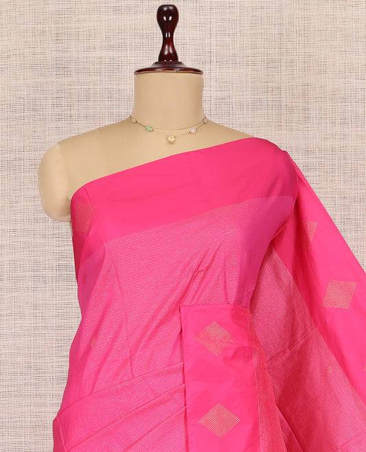 Pink Arani Saree, Features Zari Stripes, a Zari Motif Border, Pallu of Zari Design, and a Matching Blouse
