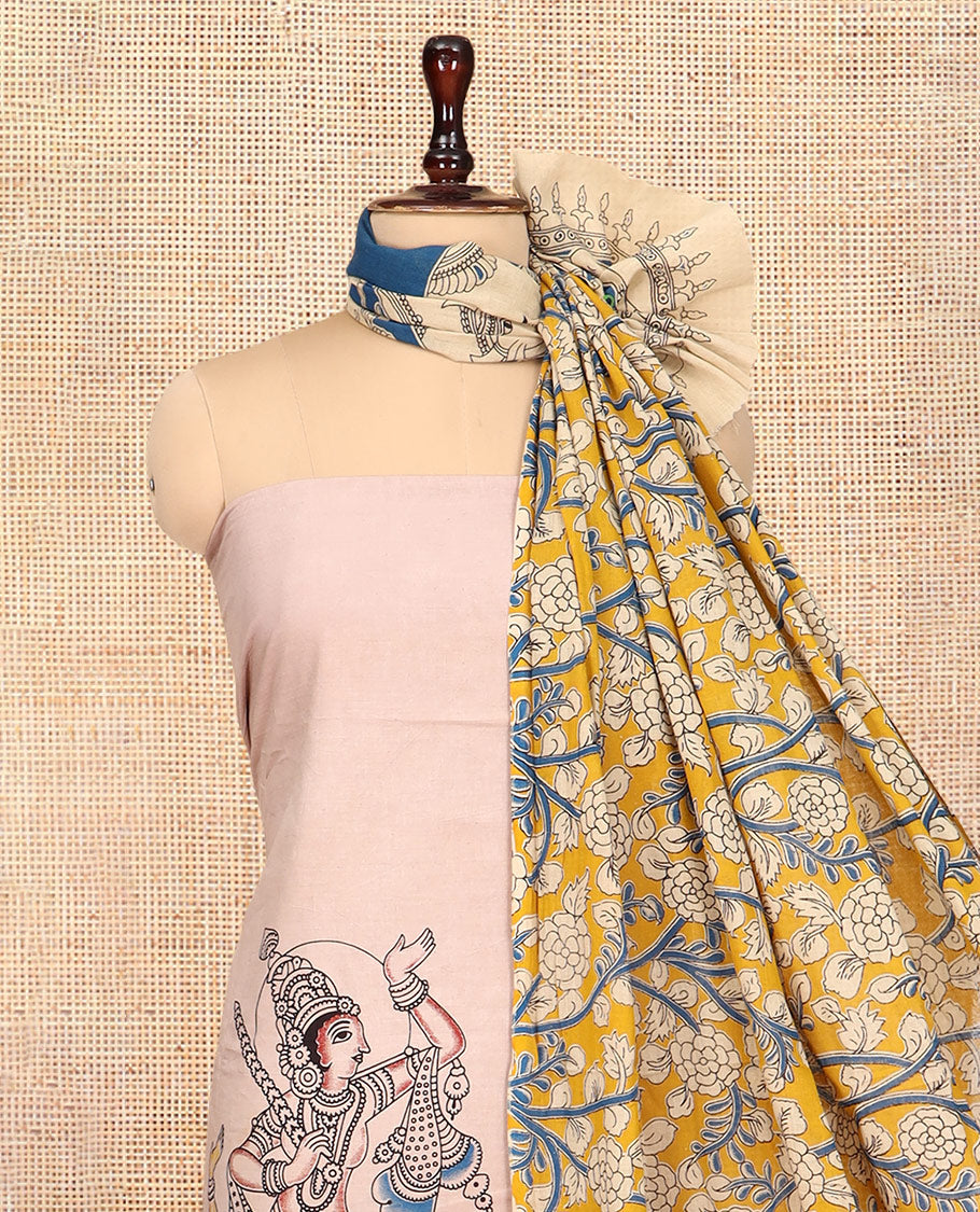 Cream Cotton Material Churidar Features Kalamkari Printed Top, a Plain Bottom, and a Kalamkari Printed Dupatta