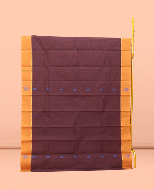 Brown Kanchi Cotton Saree, Woven with Buttas All Over Its Body, a Complemented by Contrast Border, Pallu of Intricate Designs, and Paired with a Matching Blouse