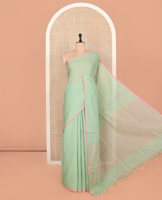 Pale Green Geometric Printed Andhra Cotton Saree, a Contrast Piping Border, Striped Pallu, and a Contrast Blouse