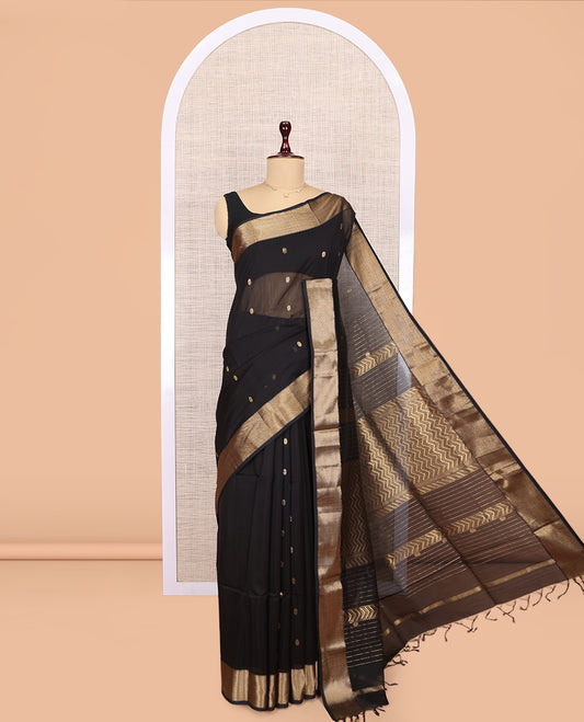 Black Maheshwari Cotton Saree, Accentuated with Buttas, Highlighted by a Traditional Zari Border, Pallu of Chevron Stripes, and a Matching Blouse
