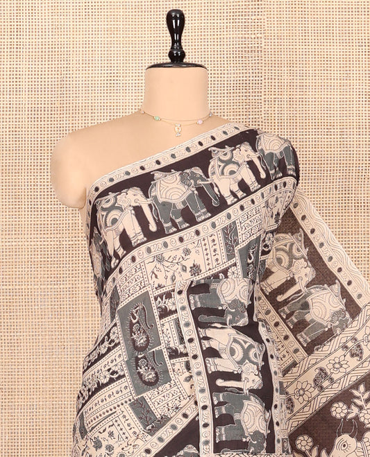 Sandal-Black Machine-Printed Kalamkari Cotton Saree Features Unique Motifs, an Elephant-Printed Border, a Pallu of Lord Krishna Motifs, and a Matching Blouse