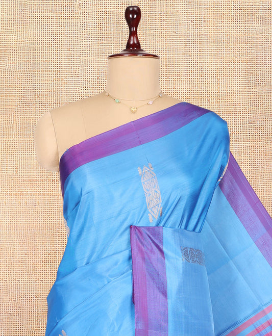 Blue Banana Pith Saree, Woven with Buttas, a Contrast Border, Pallu of Buttas and Stripes, and a Contrast Blouse