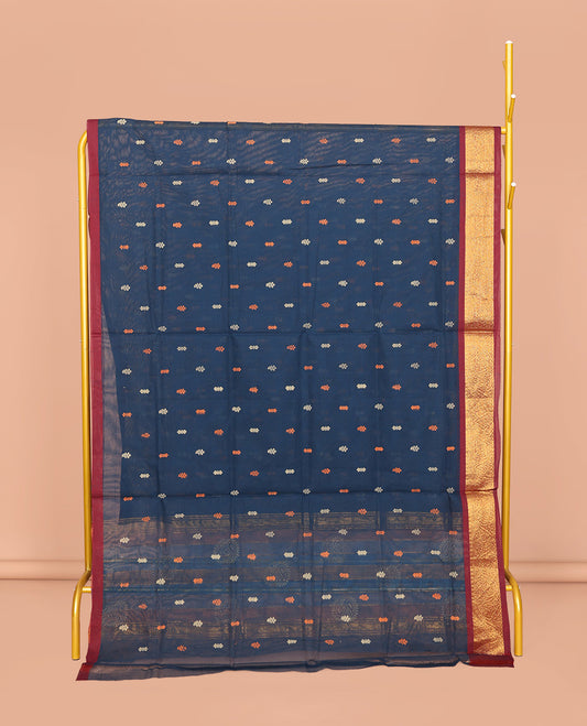 Blue Venkatagiri Cotton Saree, Woven with Thread Buttas, a Contrast Traditional Zari Border, Pallu of Buttas and Stripes, and No Blouse