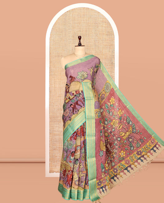 Purple Kalamkari Silk Saree, Finely Crafted with Human Figurines, a Contrast Traditional Zari Border, Pallu of Kalamkari Design, and a Contrast Blouse