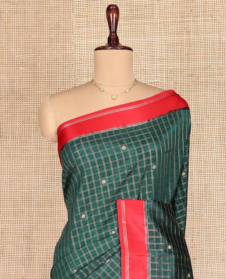 Green Dupion Silk Saree, Decorated with Zari Butta Enclosed Checks, Complemented by a Contrast Border, Zari Striped Pallu, and a Contrast Blouse