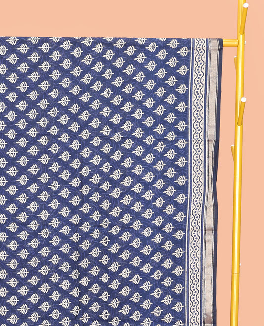Blue Mul Mul Cotton Saree, Decked Up with Floral Buttas, a Piping Border, Printed Pallu, and a Matching Blouse