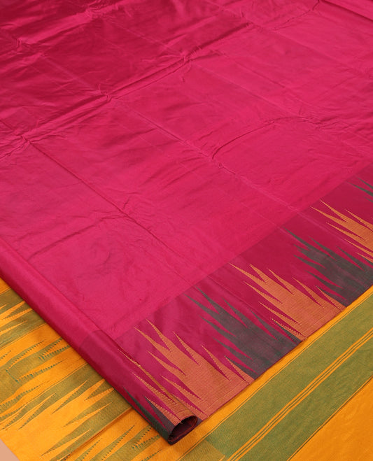 Pink Plain Bangalore Silk Saree, Complemented by a Contrast Temple Border, Striped Pallu, and a Contrast Blouse